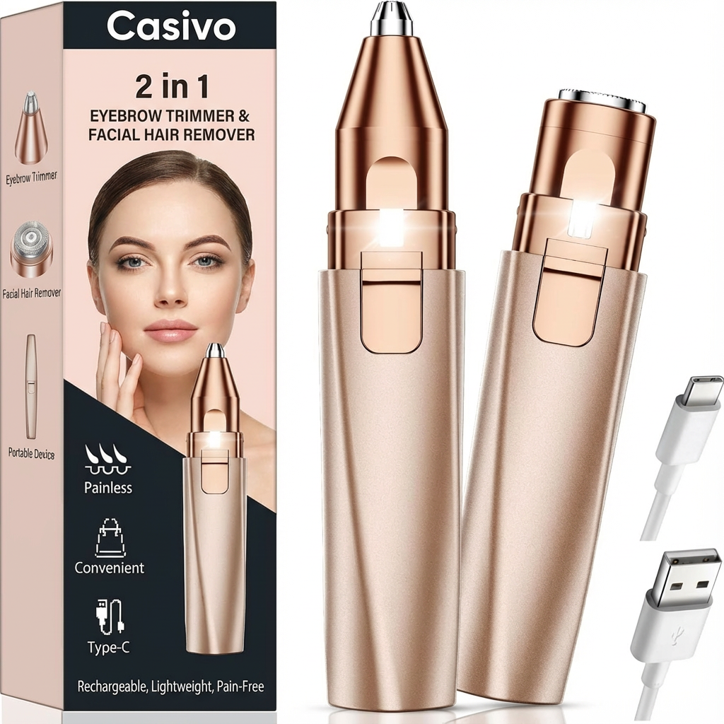 Electric Facial Hair Remover & Eyebrow Trimmer, Rechargeable with LED Light
